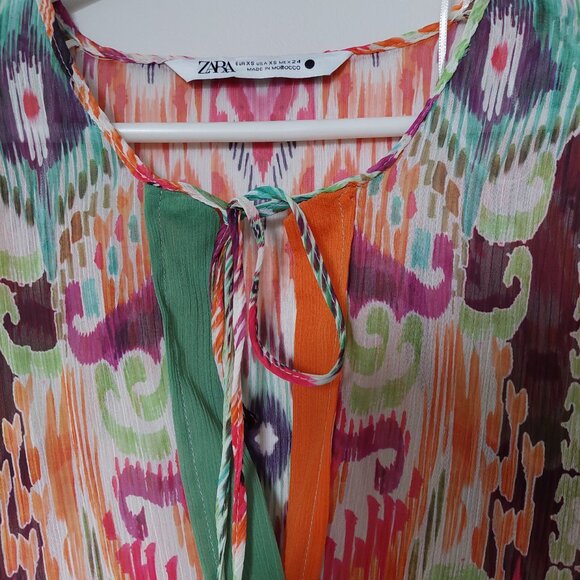 Zara Feather Trim Semi-Sheer  Geometric/Floral Printed Blouse, Size XS - Picture 3 of 10